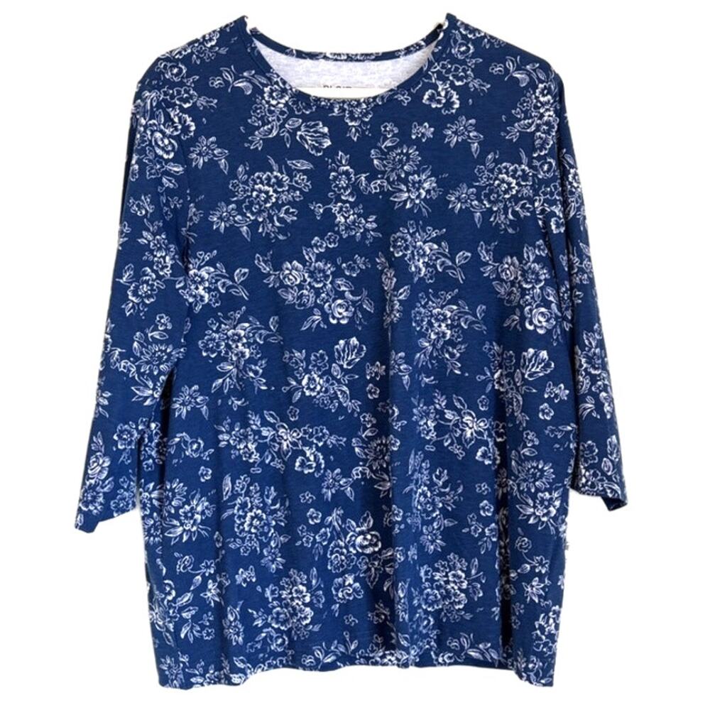 Blair Navy Blue & White Floral 3/4 Sleeve Knit Top Blouse Women's L